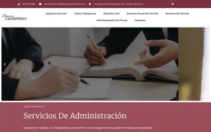 Portada de despachocarbonero.es, administración de fincas